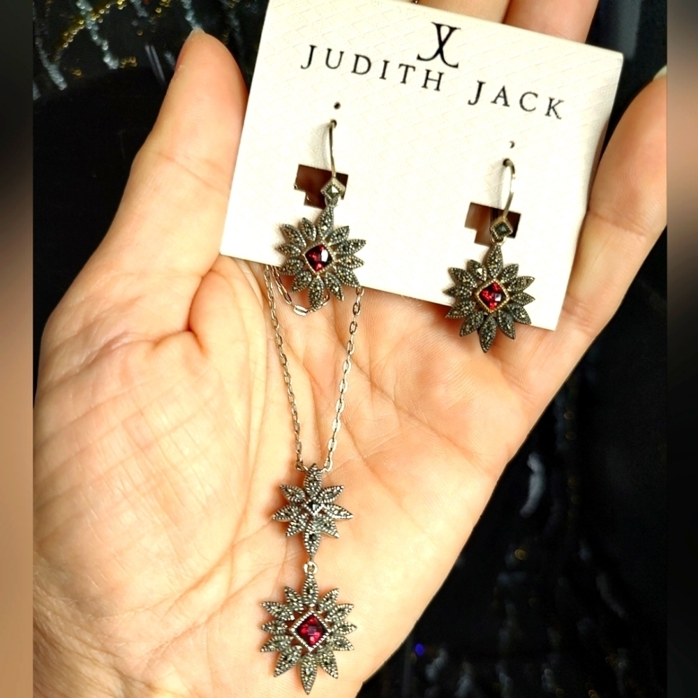 Judith Jack Sterling Silver Star Blood Red Topaz Necklace & Earrings!